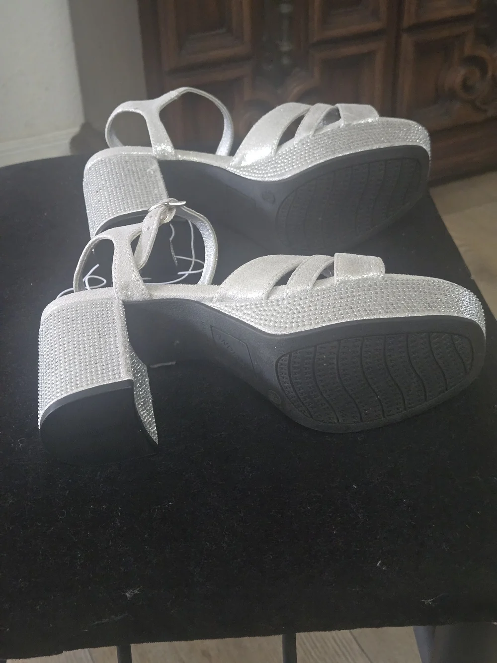 Sparkle Platform Heeled Sandals in Silver with Ankle Strap